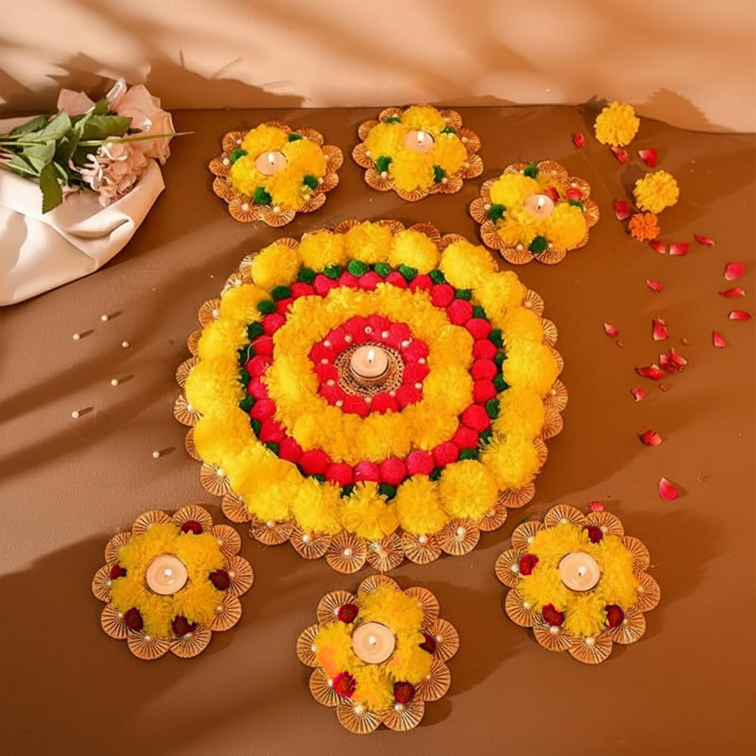 Diwali Decoration Items, Artificial Marigold Garlands Decoration Mate for Home Floor Decorations, Rangoli for Door Entrance Set of 7 (Flower Mat)(TCMH436-NEW)