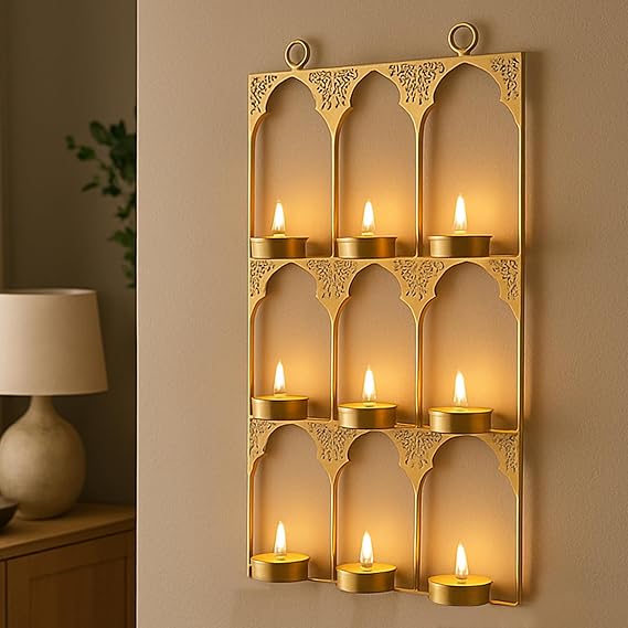 Tealight Candle Holder Festive Decor,Wall Mounted Iron Tealight Candle Holder Stand Frame for Home Christmas Diwali Decoration Items, Diwali Gift Items, Wall Decor, Pooja Decoration Items(TCMH490-1BOX)