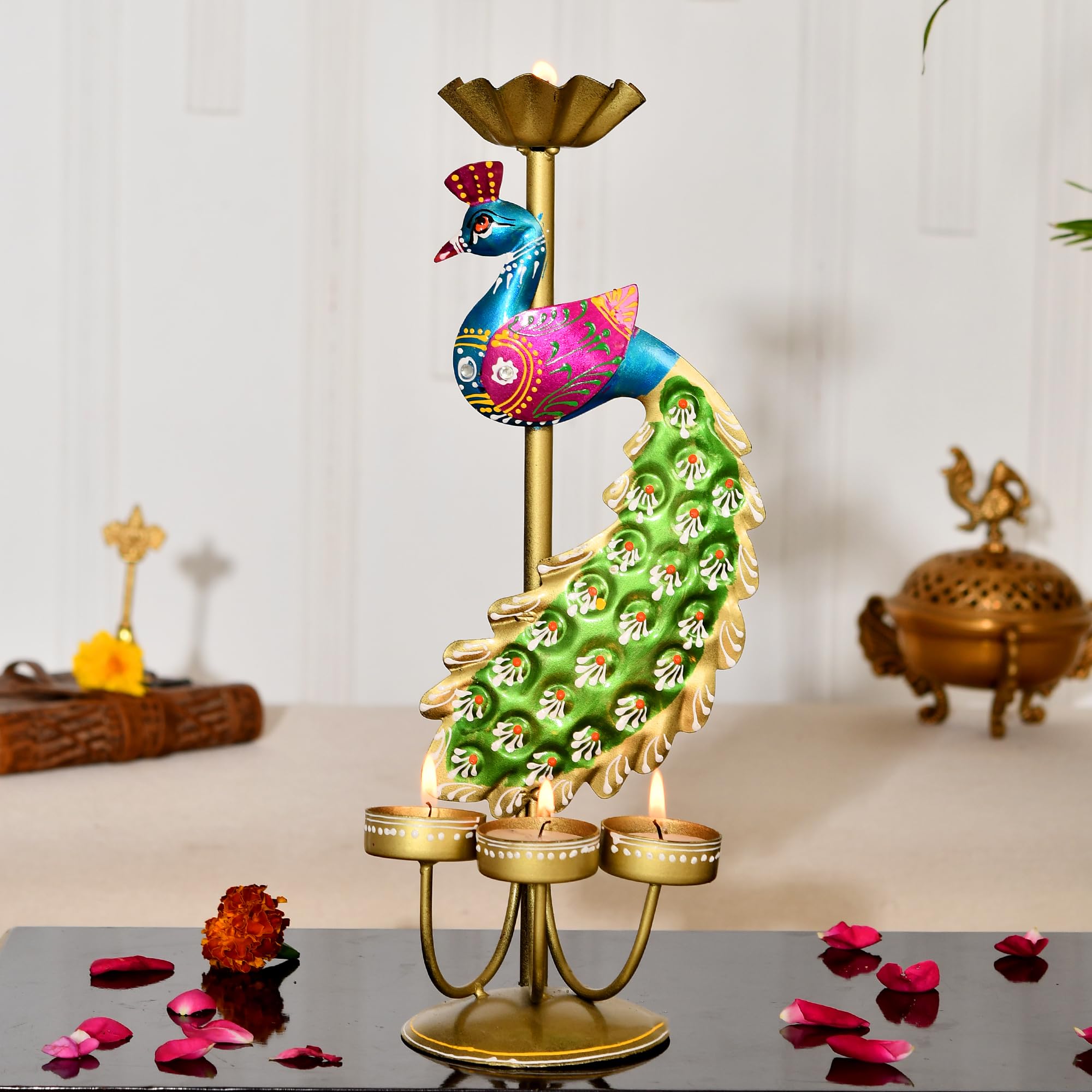 Elegant Metal Peacock Candle Holder - Perfect Home Decoration Diwali, Intricate Design Tealight Candle Holders for Home Diwali Christmas Decor, Handpainted Tealight Candle Holder (Single Side) (TCMH422)