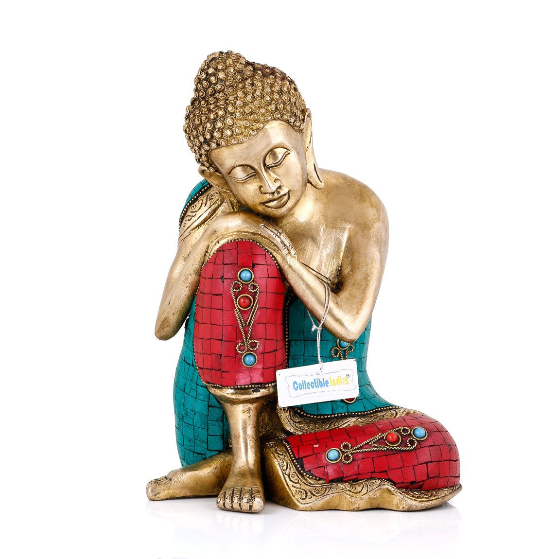 Brass Resting Buddha With Colorful Stone Inlay Statue For Home Decoration