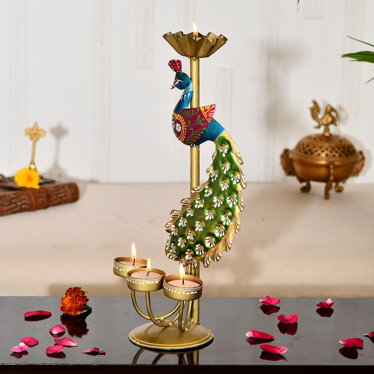 Elegant Metal Peacock Candle Holder - Perfect Home Decoration Diwali, Intricate Design Tealight Candle Holders for Home Diwali Christmas Decor, Handpainted Tealight Candle Holder (Single Side) (TCMH422)