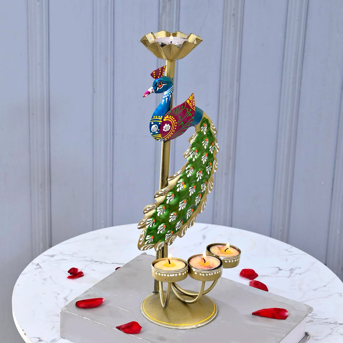 Elegant Metal Peacock Candle Holder - Perfect Home Decoration Diwali, Intricate Design Tealight Candle Holders for Home Diwali Christmas Decor, Handpainted Tealight Candle Holder (Single Side) (TCMH422)