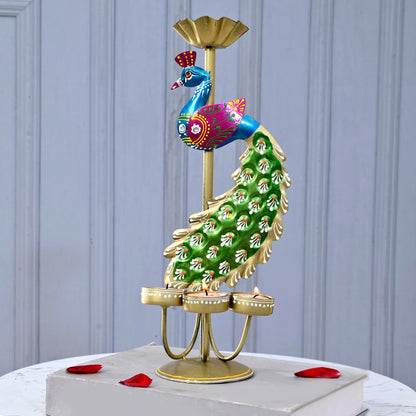 Elegant Metal Peacock Candle Holder - Perfect Home Decoration Diwali, Intricate Design Tealight Candle Holders for Home Diwali Christmas Decor, Handpainted Tealight Candle Holder (Single Side) (TCMH422)